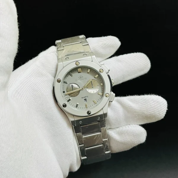 Elegence Silver Chronograph Quartz Watch – Dual Subdial with Date Display